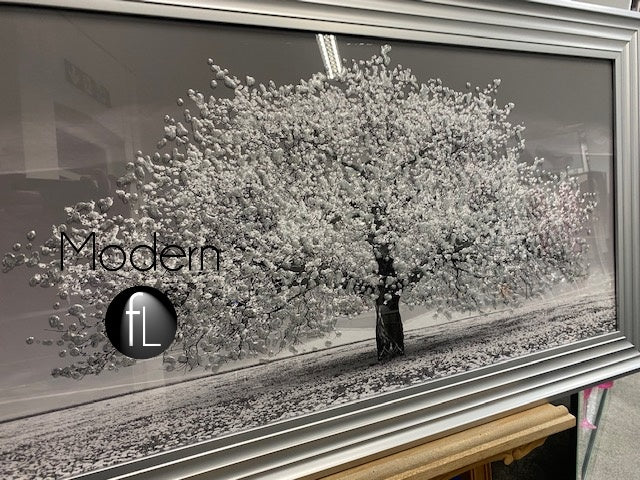 Stunning silver blossom tree 3D glitter art picture in a silver matte frame