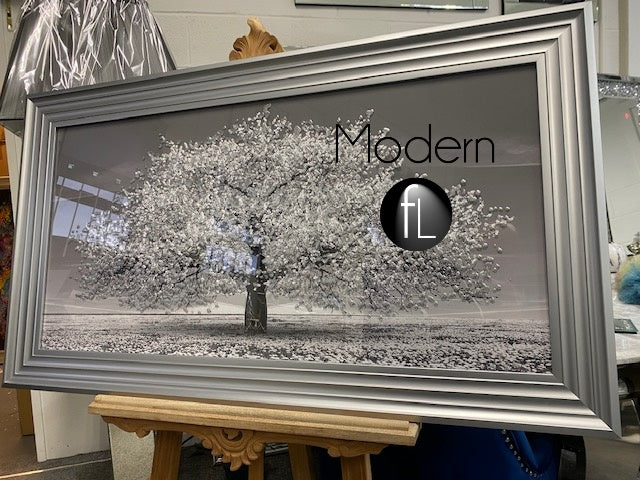 Stunning silver blossom tree 3D glitter art picture in a silver matte frame