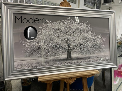 Stunning silver blossom tree 3D glitter art picture in a silver matte frame