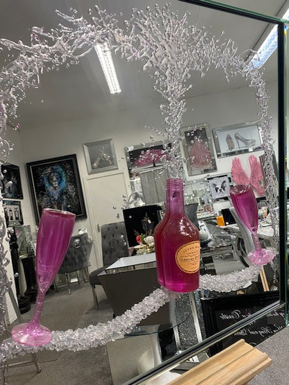 EX DISPLAY Pink rose champagne & flutes 3D glitter art mirrored picture