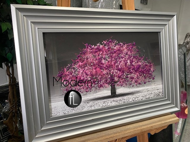 Stunning blossom tree 3D glitter art picture in silver matte frame 65x45 cm