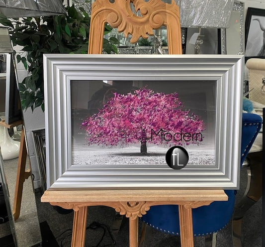 Stunning blossom tree 3D glitter art picture in silver matte frame 65x45 cm