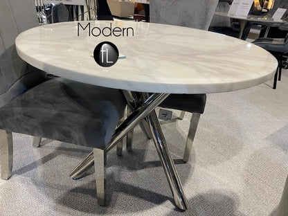 Round marble white dining table, 1.0 metre wide chrome cross leg