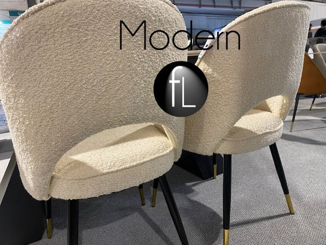 x2 Cream boucle dining chair, contemporary teddy bear fabric black & gold leg