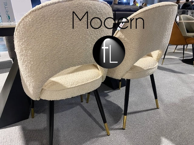 x2 Cream boucle dining chair, contemporary teddy bear fabric black & gold leg