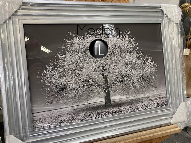Stunning blossom tree 3D glitter art picture in silver matte frame 65x45 cm