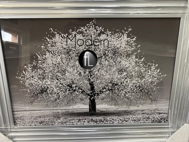 Stunning blossom tree 3D glitter art picture in silver matte frame 74x55 cm