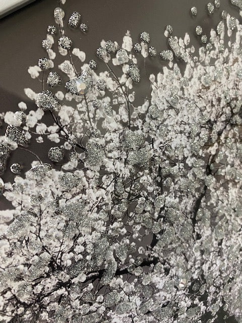 Stunning blossom tree 3D glitter art picture in silver matte frame 74x55 cm