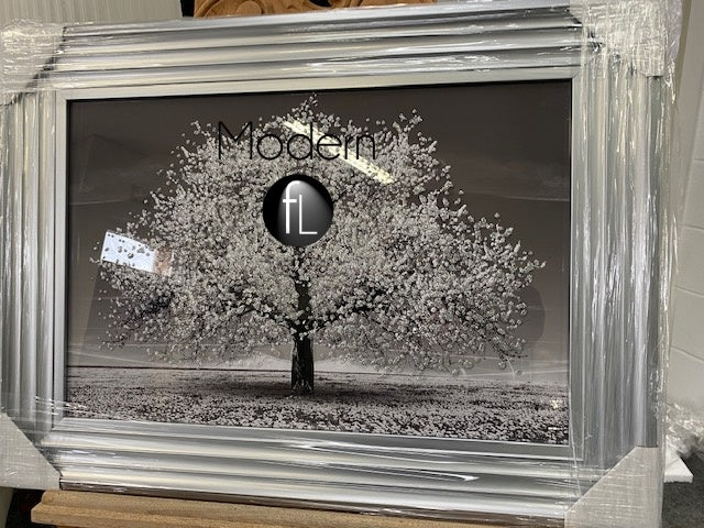 Stunning blossom tree 3D glitter art picture in silver matte frame 65x45 cm