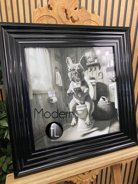 Novelty French Bulldog Picture Dog On The Toilet Black Frame 55 x 55