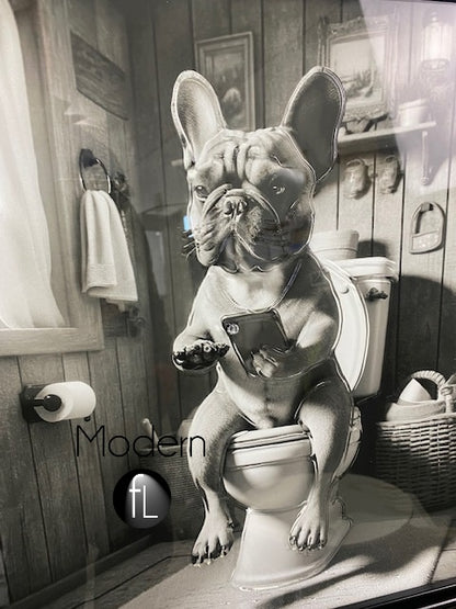 Novelty French Bulldog Picture Dog On The Toilet Black Frame 55 x 55