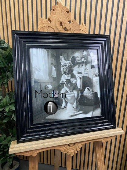 Novelty French Bulldog Picture Dog On The Toilet Black Frame 55 x 55