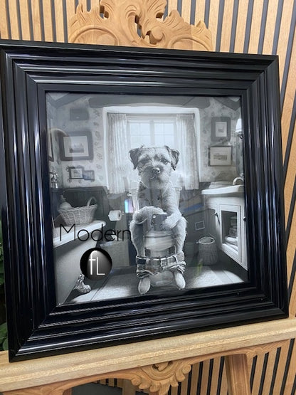 Novelty Border Terrier Picture Dog On The Toilet Black Frame 55 x 55