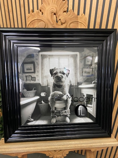 Novelty Border Terrier Picture Dog On The Toilet Black Frame 55 x 55