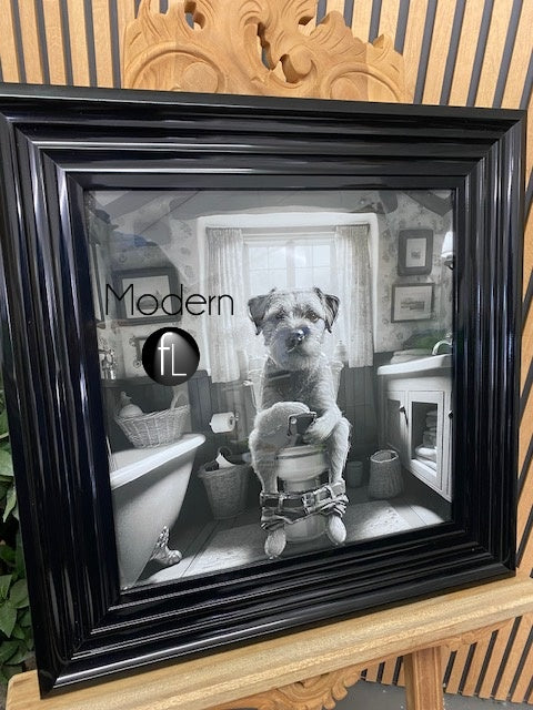 Novelty Border Terrier Picture Dog On The Toilet Black Frame 55 x 55