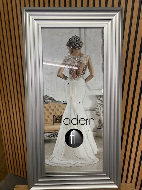 Lady in white Gown mirror picture 3D glitter detail in silver wood frame, glitter art