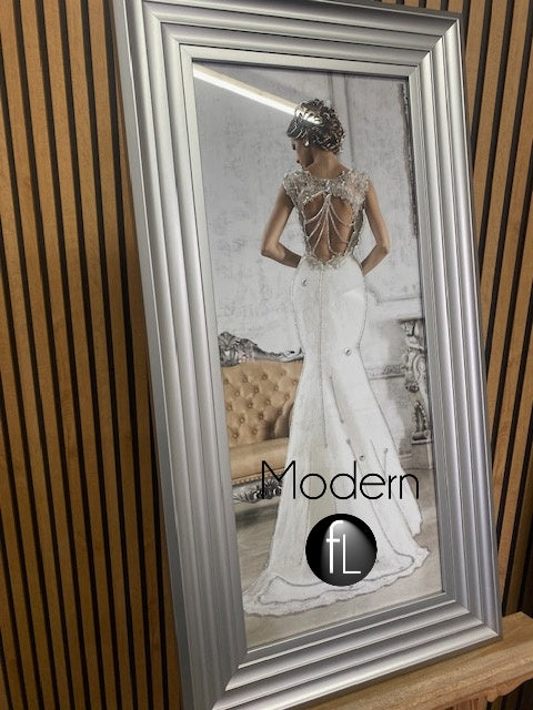 Lady in white Gown mirror picture 3D glitter detail in silver wood frame, glitter art