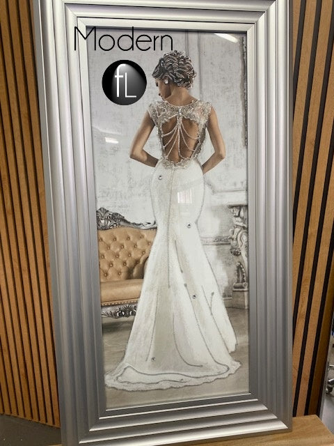 Lady in white Gown mirror picture 3D glitter detail in silver wood frame, glitter art