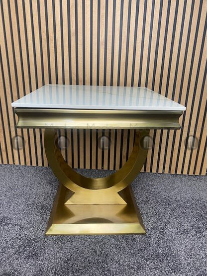 White Ceramic Arianna side table with gold vein, Gold metal frame & legs