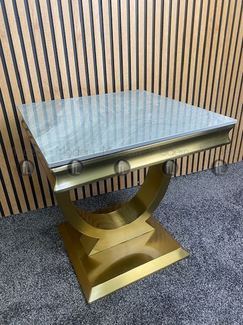 Grey Ceramic Arianna side table with gold vein, Gold metal frame & legs