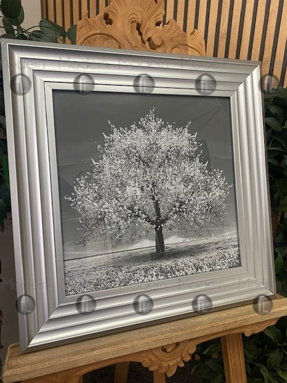 Small silver blossom tree picture in Silver frame, silver glitter art picture