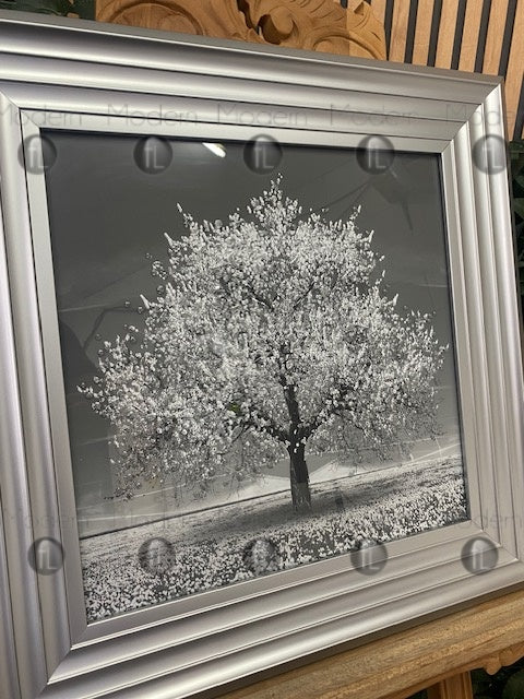 Small silver blossom tree picture in Silver frame, silver glitter art picture