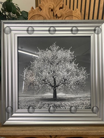 Small silver blossom tree picture in Silver frame, silver glitter art picture