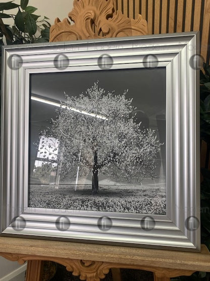 Small silver blossom tree picture in Silver frame, silver glitter art picture