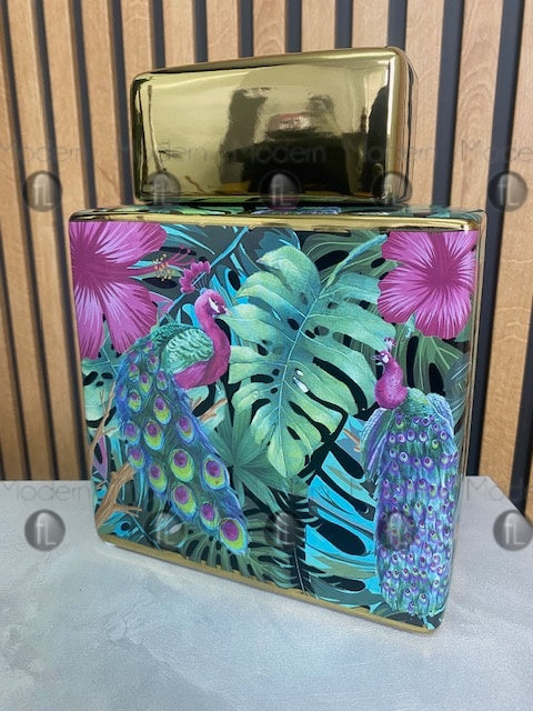 Large Ginger jar green and pink palm leaves Peacock Pattern decor 25cm high