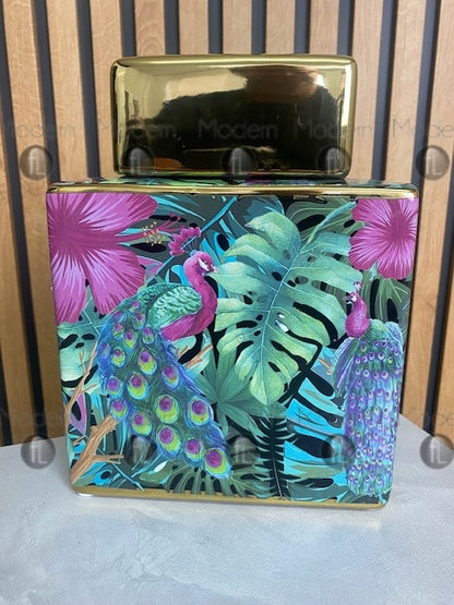 Large Ginger jar green and pink palm leaves Peacock Pattern decor 25cm high