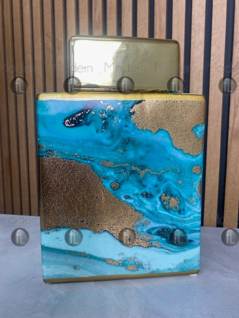 Large ginger jar blue and gold sand abstract colour