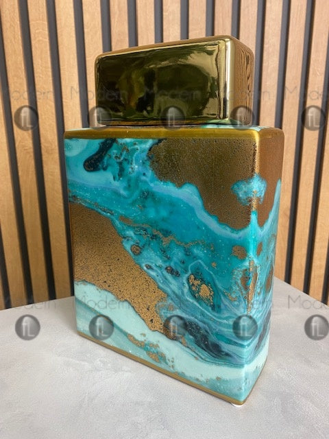 Large ginger jar blue and gold sand abstract colour