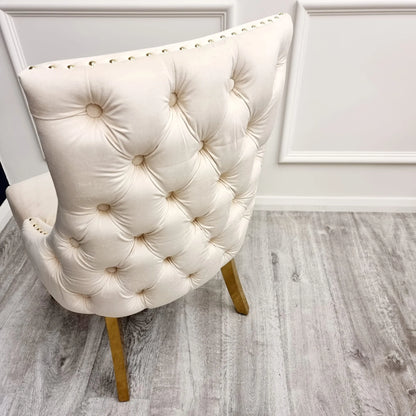 Cream Velvet Stud Button Back Dining Chairs With Gold Legs x2