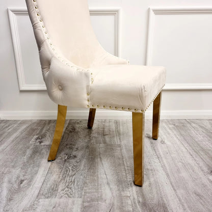 Cream Velvet Stud Button Back Dining Chairs With Gold Legs x2