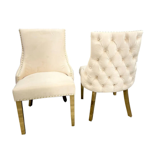 Cream Velvet Stud Button Back Dining Chairs With Gold Legs x2