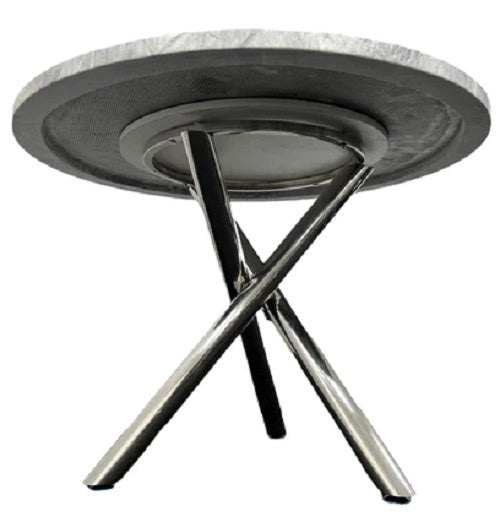 Round marble white dining table, 1.0 metre wide chrome cross leg