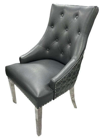 Dark Grey x2 faux leather dining chairs with chrome legs & lion knocker