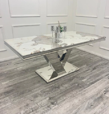 Dining table 1.8m wide with curved chrome leg, Luxury Venice marble dining table