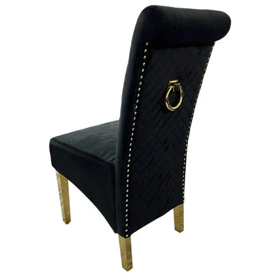 Pair Of Black Velvet Scroll Back Dining Chair Gold Leg