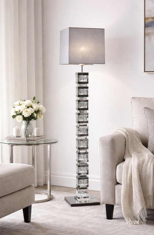 Mirrored and crushed diamond floor lamp with shade option