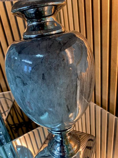 Dark grey marble effect table lamp with Grey round pleated shade 62cm high