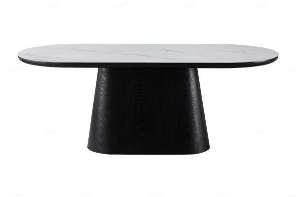 2m Oval Dining Table Black & White Sintered stone, Wood base 200cm wide