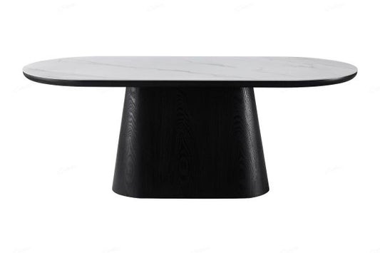 2m Oval Dining Table Black & White Sintered stone, Wood base 200cm wide