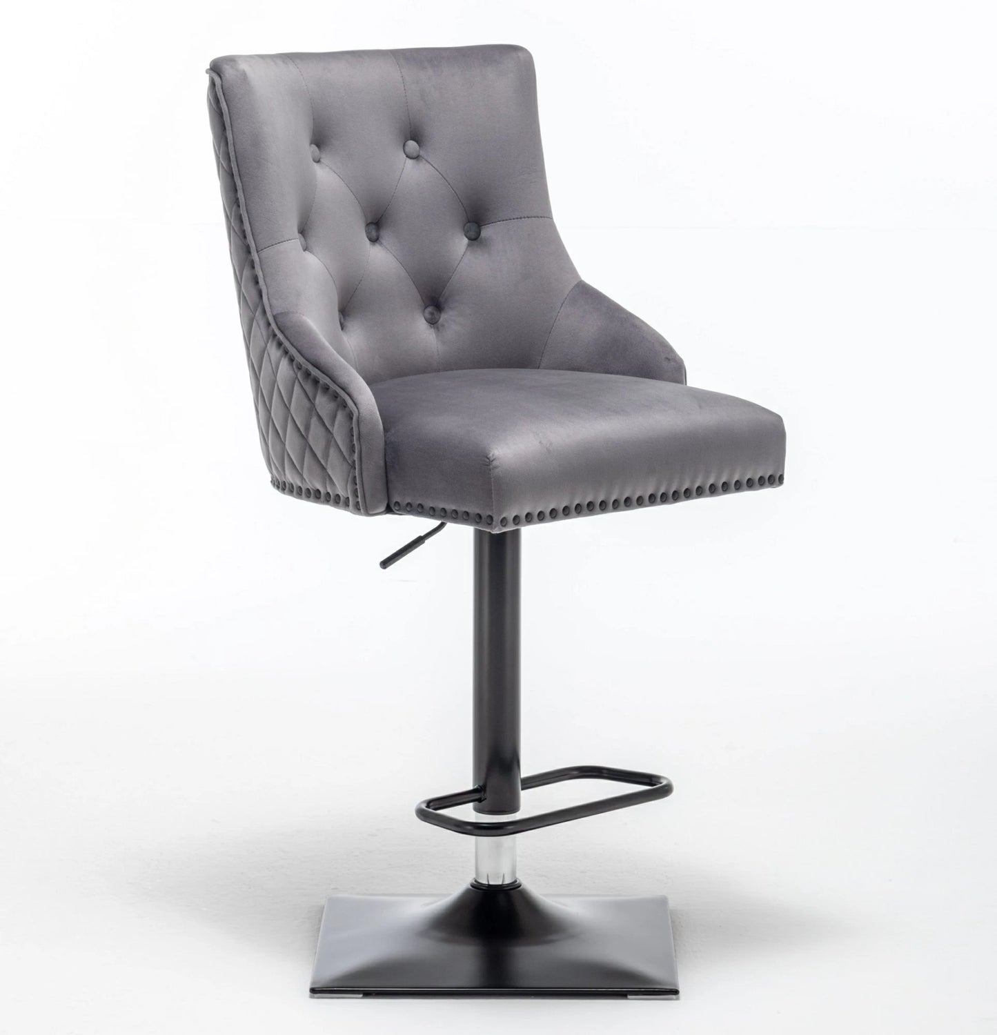 Grey velvet swivel bar stool with door knocker & cross stitch, black metal base