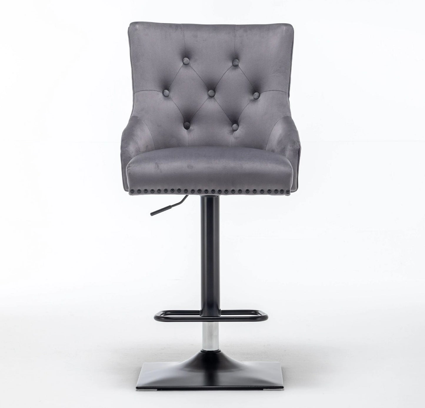 Grey velvet swivel bar stool with door knocker & cross stitch, black metal base