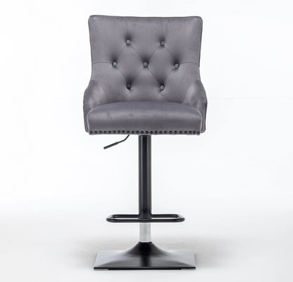 Grey velvet swivel bar stool with door knocker & cross stitch, black metal base