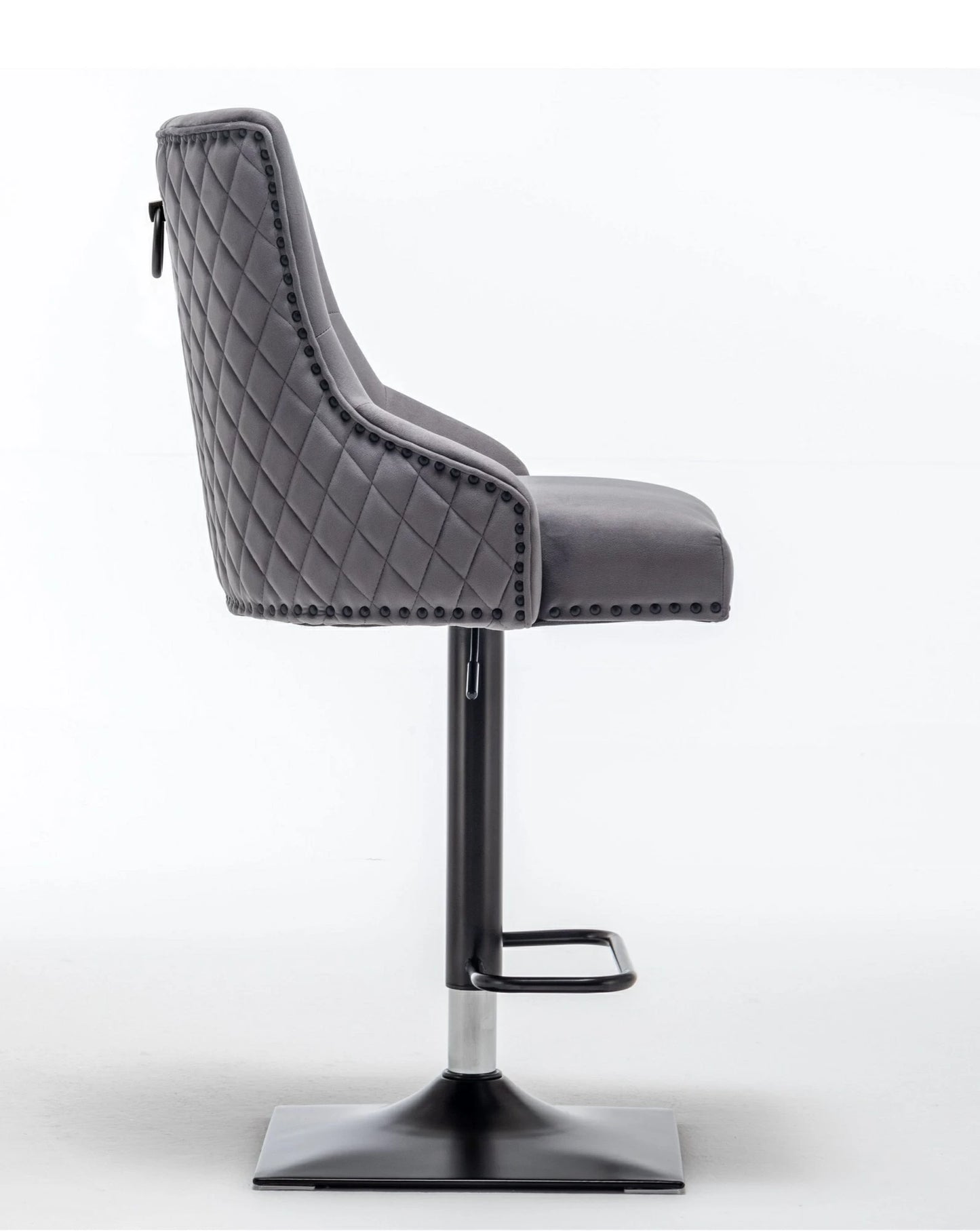 Grey velvet swivel bar stool with door knocker & cross stitch, black metal base