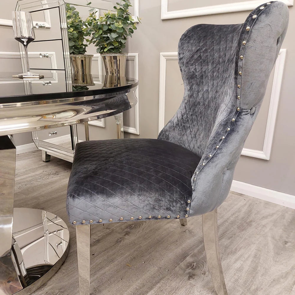 2x Grey Shimmer Velvet Dining Chairs with Lion Head Door Knocker