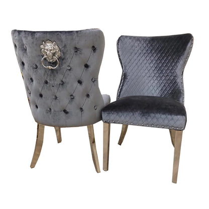 2x Grey Shimmer Velvet Dining Chairs with Lion Head Door Knocker