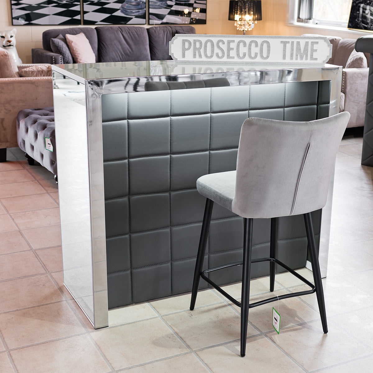 Grey and Black Mirror Hollywood Bar unit with LED Strip light